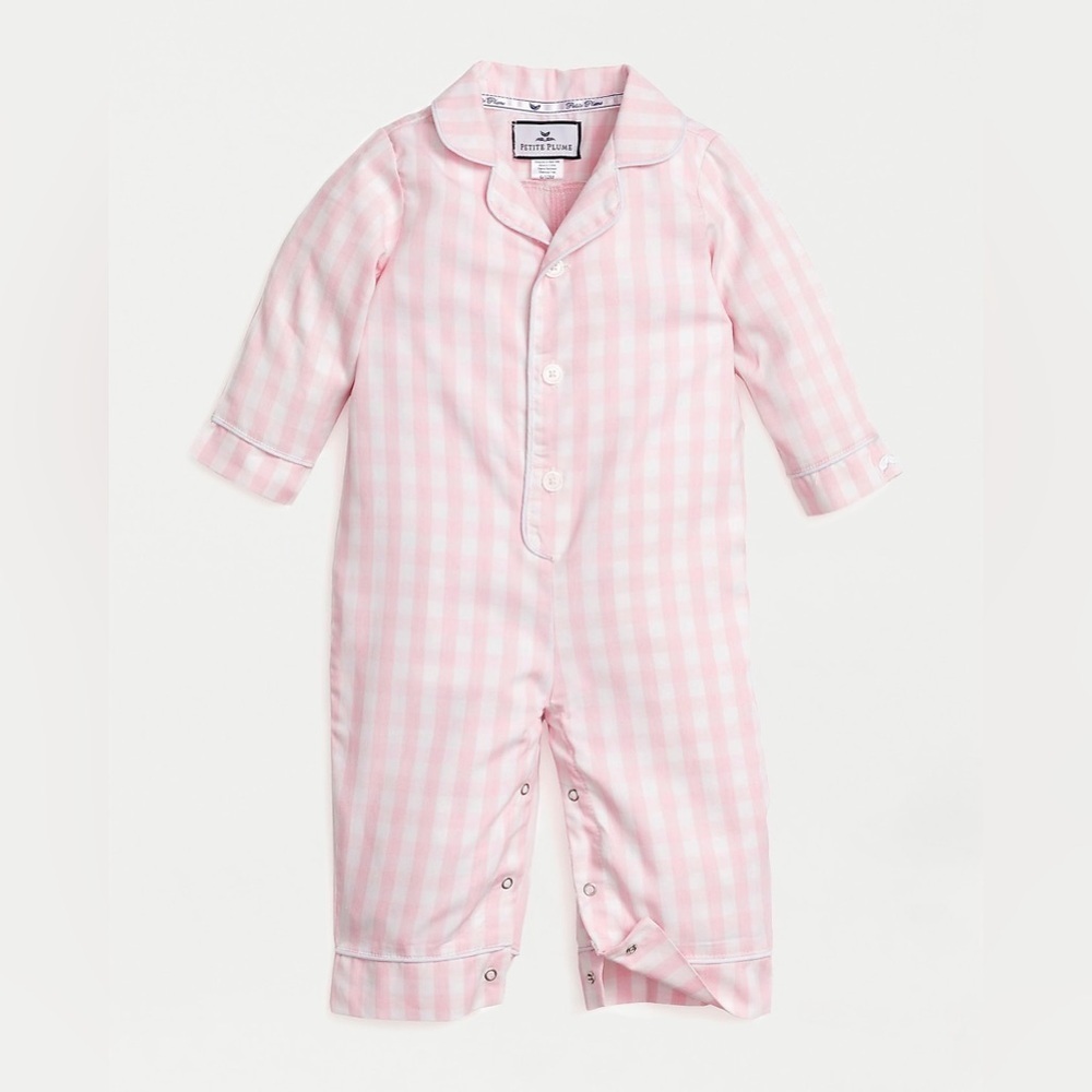 Petite Plume coverall romper gingham print long sleeve jumpsuit baby girl pink